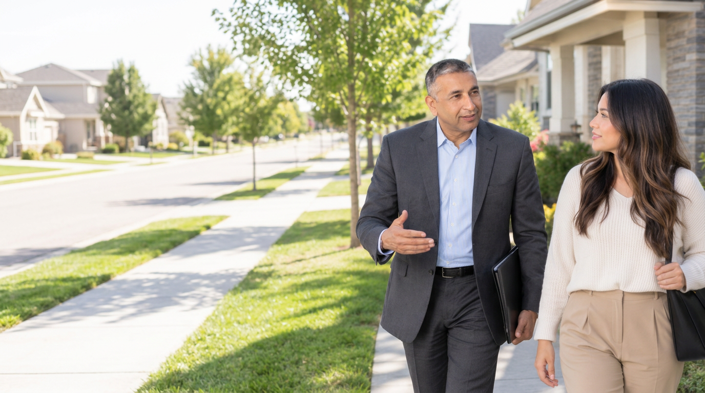 Pranav Sahai discussing a home purchase with a woman in a residential neighborhood