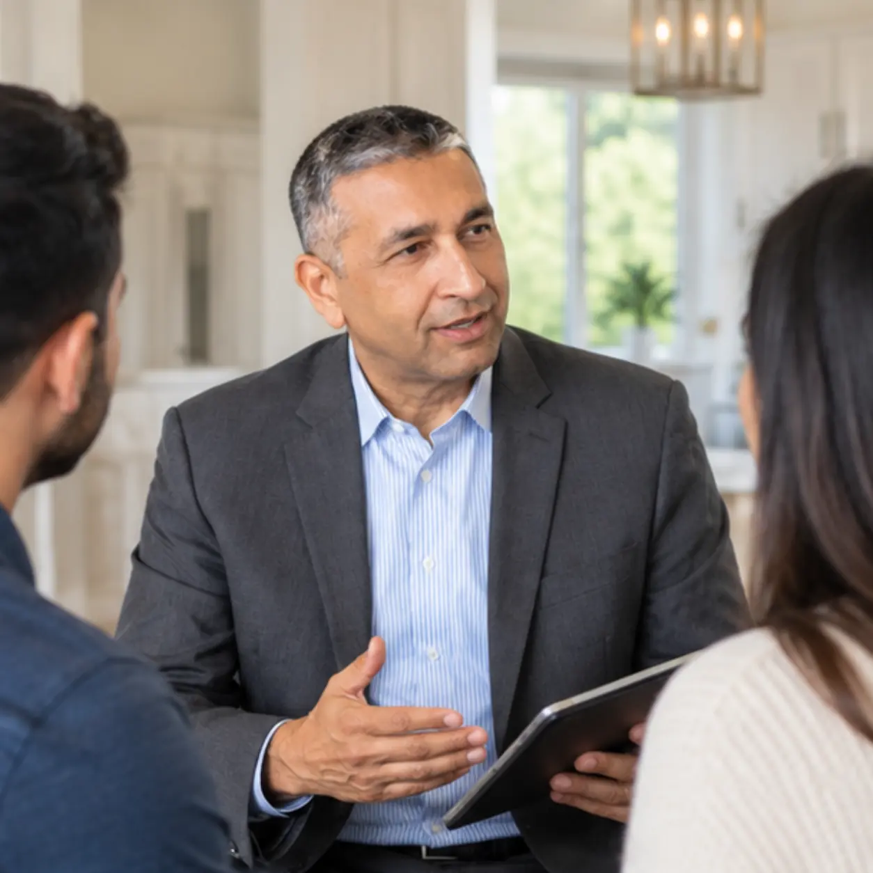 Pranav Sahai reviewing a mortgage plan with homebuyers at a table